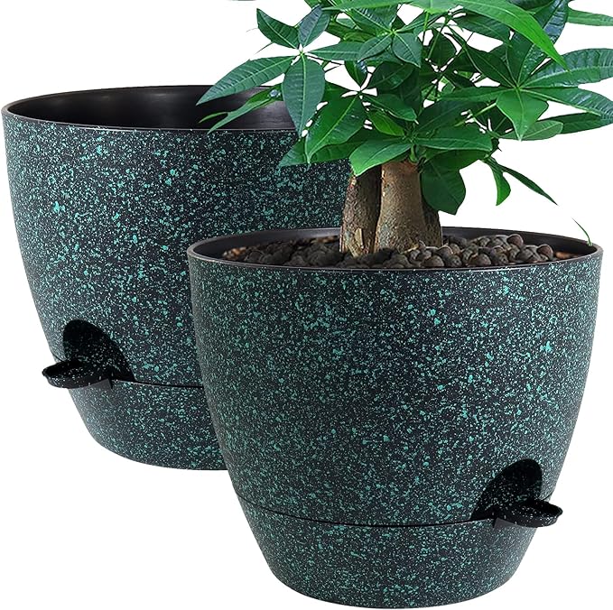 12inch 2Pack Large Self Watering Planters, Plastic Plant Pots with 60oZ Removable Deep Reservoir and Multi Mesh Drainage Holes for Indoor Outdoor Garden Plants and Flowers, Black with Green Speckles
