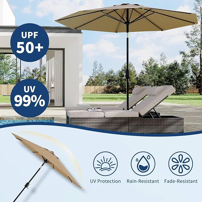 10 ft Patio Umbrella - 8 Sturdy Ribs Outdoor Table Umbrella with Crank Lift & Push Button Tilt - Market Umbrella for Pool, Deck, Yard, Garden - Tan