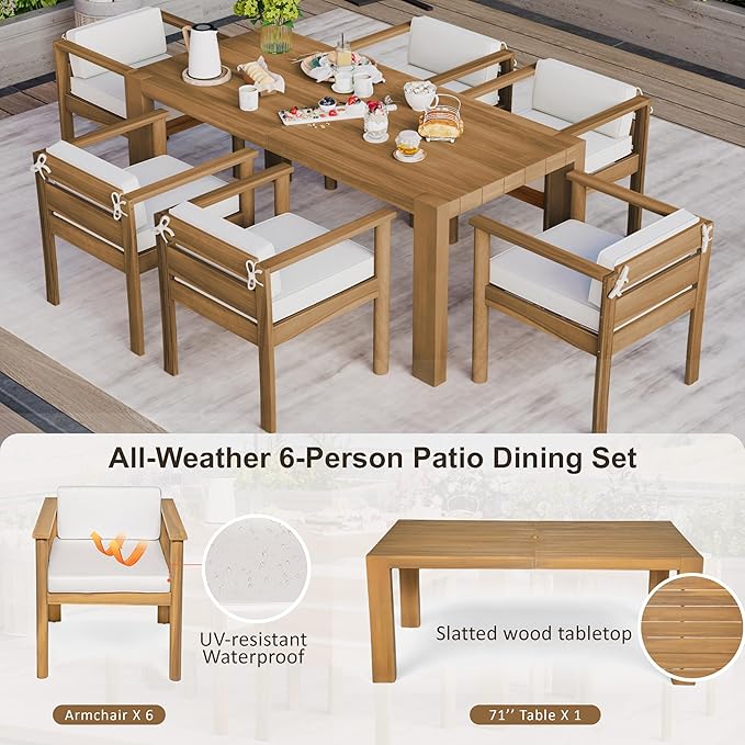 Merax 7-Piece Patio Dining Table Set,Outdoor Furniture Set with 72.8" Rectangle Table & 6 Chairs,Adjustable Leveling Feet,Umbrella Hole for Backyard,Garden, Poolside,Teak+ Beige