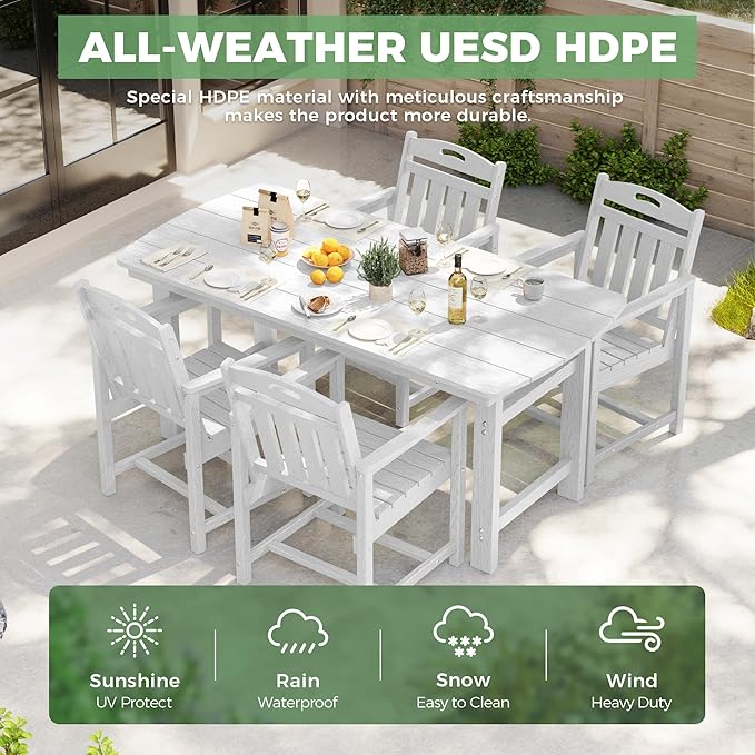 HDPE Outdoor Patio Dining Set with Table & 4 Chairs, All-Weather 5-Piece Outdoor Table and Chairs, 2" Umbrella Hole, Patio Furniture for Garden, Backyard, Deck | White