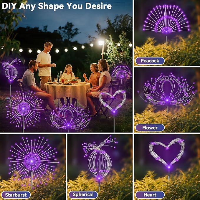 Garden Outdoor Lights, 2 Pack 120 LED Solar Garden Lights Fairy Lights Outdoor Waterproof Decorative Solar Firework Lights for Yard Patio Pathway Flowerbed Party Wedding Decor, Purple