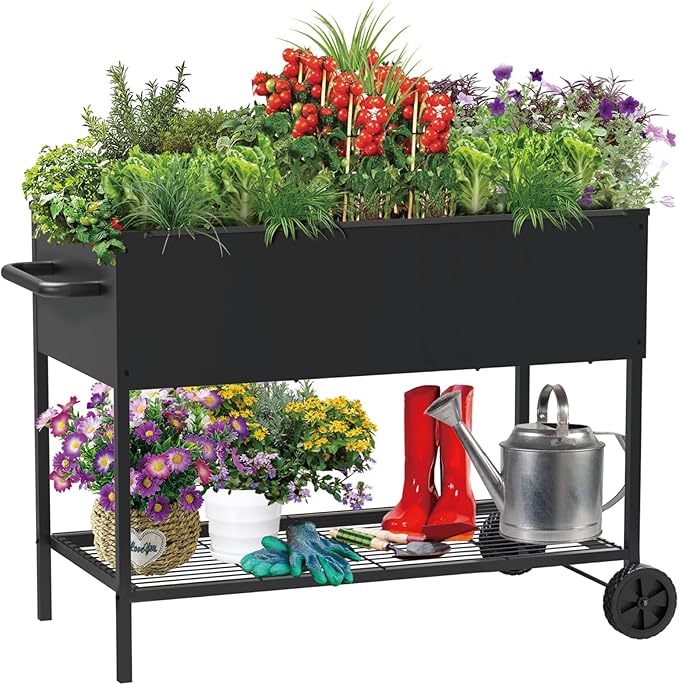 34 × 15 × 31 Inches Raised Garden Bed with Legs/Storage Shelf, Mobile Planter Box for Outdoor Plants, Elevated Garden Bed for Backyard, Balcony, Black