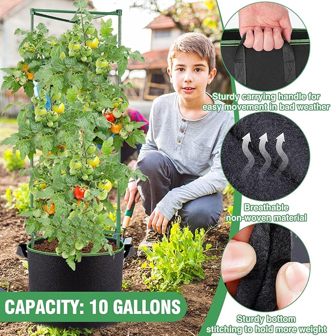 ANPHSIN 3 Sets Tomato Cages with 10 Gallon Grow Bags - 48" Stable Plant Garden Planter, Flowers Vegetable Trellis Pots for Tomato Vertical Climbing Plants Vines