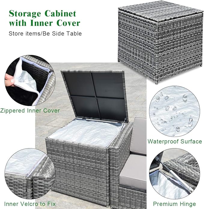 Tangkula 8 Pieces Wicker Patio Furniture Set with Storage Deck Box, PE Rattan Outdoor Sectional Sofa Conversation Set with Coffee Table & Cushions, Outside Furniture for Garden Yard Poolside (Black)
