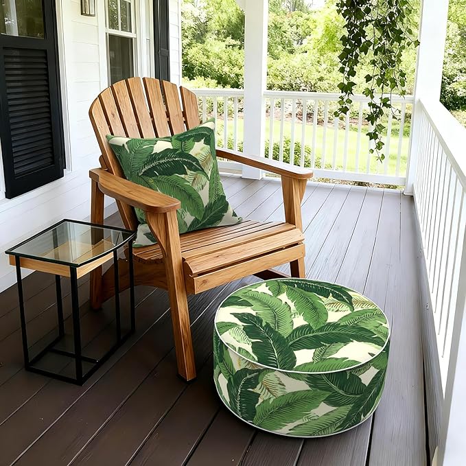 LVTXIII Outdoor/Indoor Round Inflatable Ottoman, All Weather Patio Footstool, Portable Footrest Seat for Patio Garden, Camping or Home, 21"x21"x9", Swaying Palms Green