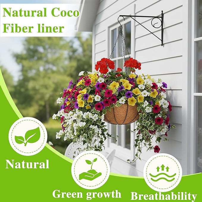 4 Pack Hanging Planter Basket Outdoor Large Hanging Flower Pots Indoor 12 inch with Coco Coir Liner Round Wire Plant Holder Chain Hanging Basket Garden for Home Decor Balcony Office1