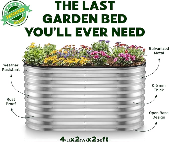 Plant & Plot Galvanized Raised Garden Beds Outdoor // 4×2×2 ft Planter Raised Beds for Gardening, Vegetables, Flowers // Large Metal Garden Box (Silver) // Patented Tool-Free Design