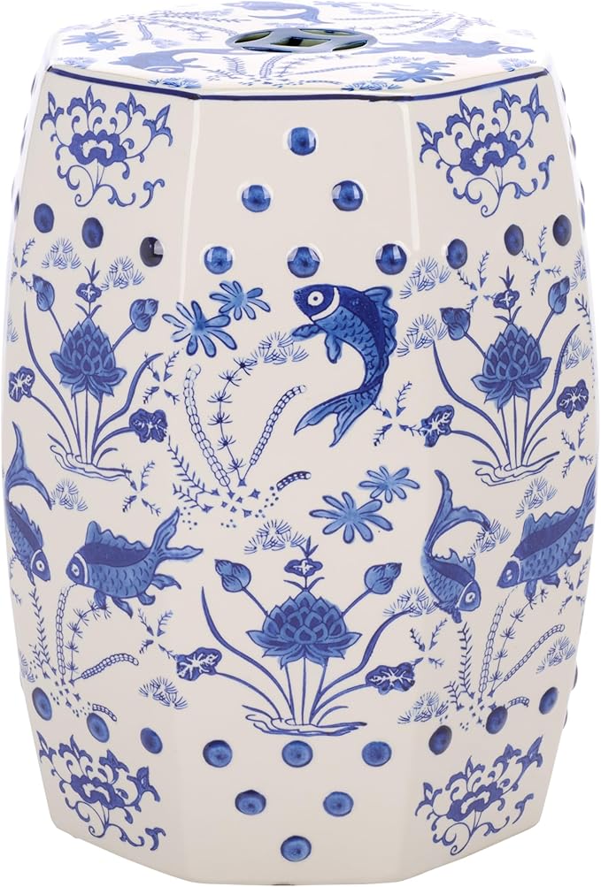 Safavieh Castle Gardens Collection Glazed Ceramic Blue Cloud 9 Chinoiserie Garden Stool