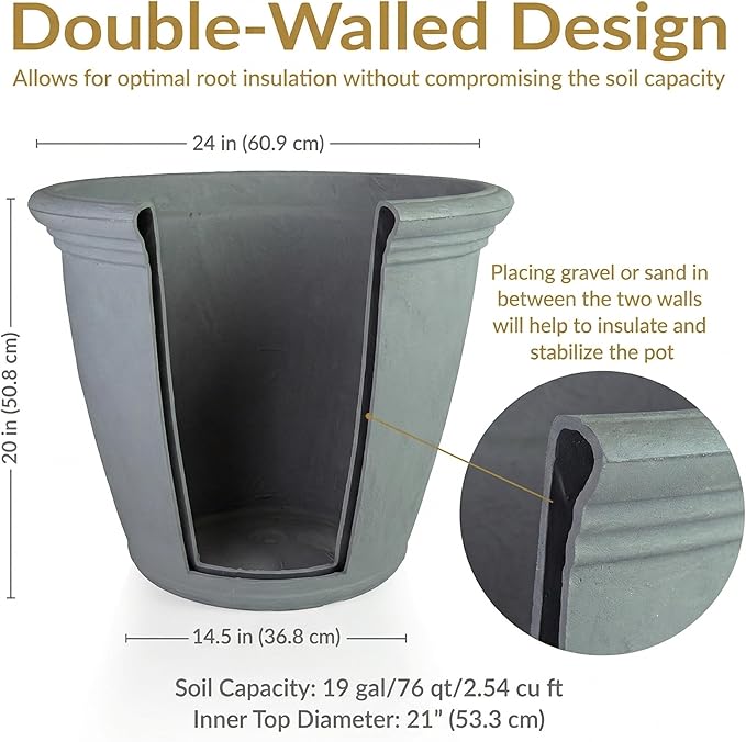 Sunnydaze 24-Inch Anjelica Large Plastic Pot for Plants - Outdoor Double-Walled Large Plastic Planter with Drillable Drainage Holes - Light Gray - 2pk
