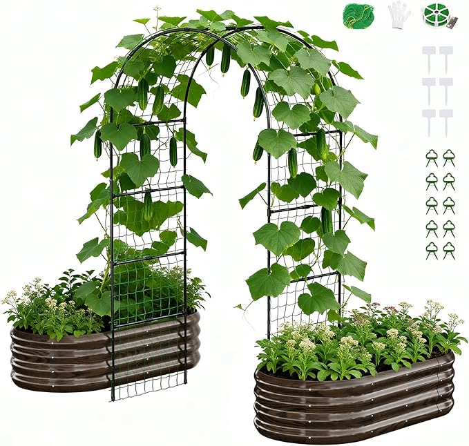 DoCred 3 in 1 Raised Garden Bed with 87in Tall Arch Trellis for Climbing Plants, Galvanized Planter Garden Box Outdoor for Gardening, Climbing Vegetables, Flower, Wood Grain