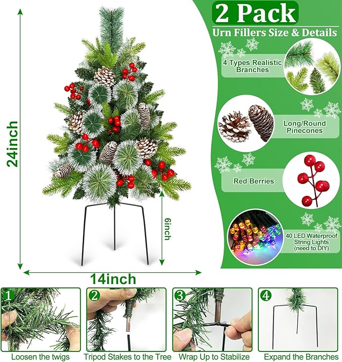 2 Pack Outdoor Christmas Tree Urn Fillers with 8 Modes Timer, 40 Warm & Colorful Change Lights, Pinecones Red Berries Decorations, Battery Operated for Holiday Planters Yard Porch Pathway Xmas Decor