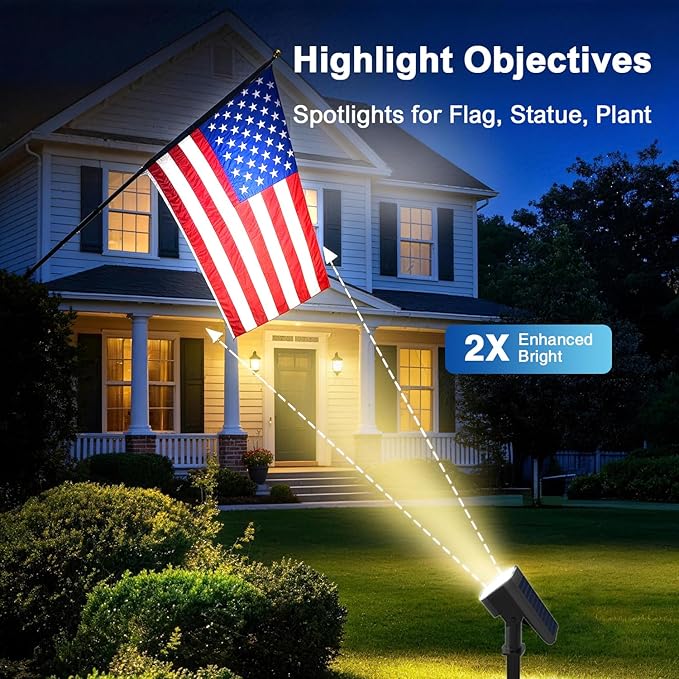 Solar Lights Outdoor Waterproof IP65, Super Bright LED with Lens, 3000K 2 Lighting Modes, Solar Powered Yard Garden Solar Spot Lights for Outside Landscape Auto On/Off -2 Pack