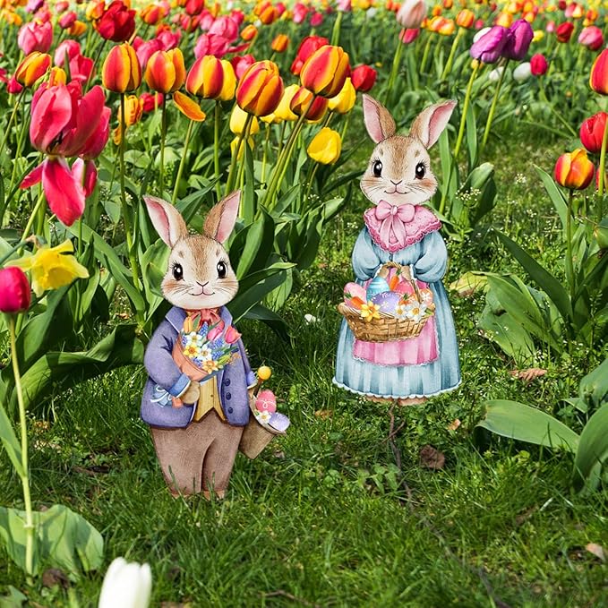 Fairy Garden Stake Decor, Acrylic 2D Garden Fairy Decoration, Fairy Garden Accessories for Outdoor Indoor Yard Lawn Pot Plants (Flower Picking Rabbit)