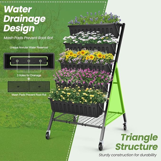 SEJOV 5-Tier Raised Garden Bed, 4FT Vertical Garden Planter with Storage Rack and Lockable Caster Wheels, Indoor Outdoor Raised Planter Box with Drainage System for Vegetables, Flowers, Herbs, Black
