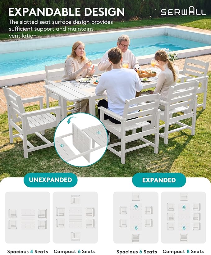 SERWALL 7-Piece Patio Dining Sets, 60" - 83" Expandable Outdoor Dining Table and 6 HDPE Chairs, All Weather HDPE Outdoor Furniture Set for Backyard, Garden, White