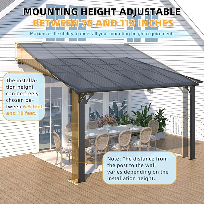 AECOJOY 10' x 12' Adjustable Height Outdoor Lean to Gazebo Pergola for Patio, Large Wall-Mounted 6.5-9.8 Ft Hard Top Metal Heavy Duty Metal Awnings Shelter Pergolas and Gazebos Clearance with Roof