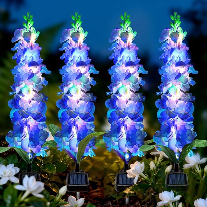 Solar Garden Lights, Solar Blue Delphinium Flowers Lights 4 Pack 80 LEDs, Waterproof Outdoor Light Two Lighting Modes for Outside Wedding Party Garden Yard Patio Lawn Decor