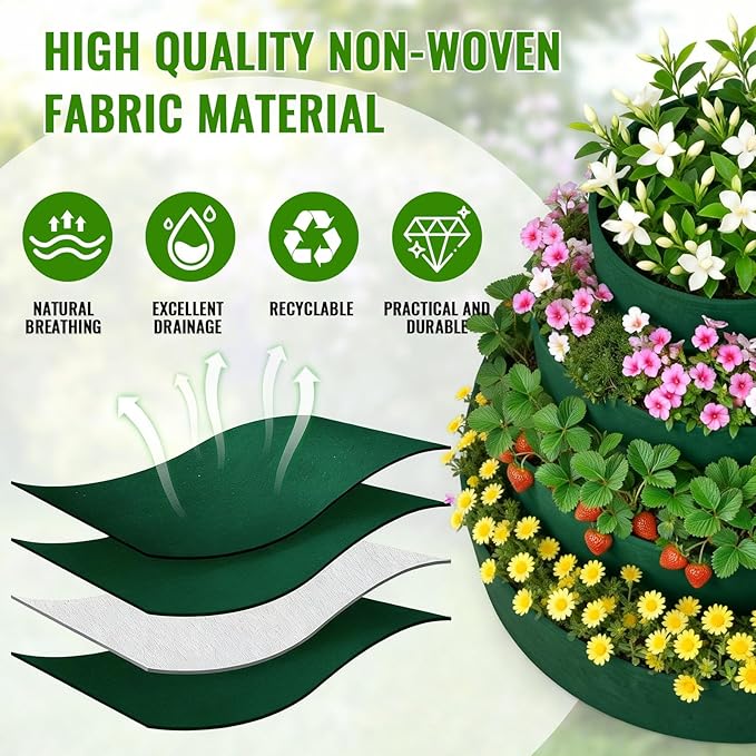 4 Pcs Plant Grow Bags 4 Tiered Strawberry Planter Tower Fabric Raised Garden Beds, 39 Inch Nonwoven Strawberry Pyramid Planter for Vegetables Flower Herbs Gardening Outdoor Growing (Green)