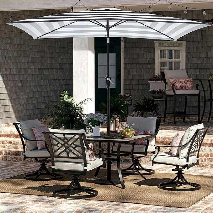 JEAREY 6.5x10 ft Rectangular Patio Umbrellas Rectangle Outdoor Umbrella with Push Button Tilt and Crank, Market Table Umbrella 6 Sturdy Ribs UV Protection for Poolside Garden Backyard Deck, Black-White Stripe