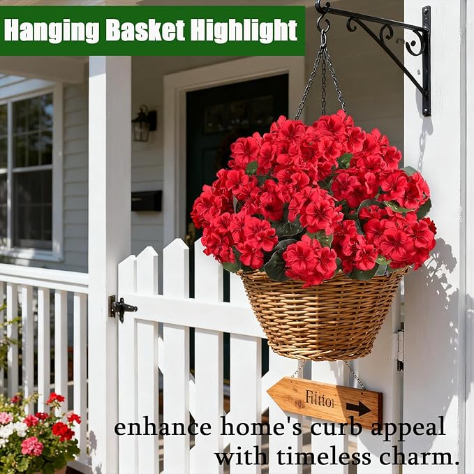 Artificial Flowers for Outdoors, 6 Bundles Realistic Silk Fake Red Geraniums, No Fade Faux Plastic Flowers for Outdoor Planters, Hanging Baskets, Window Boxes, Porch, Patio Decor