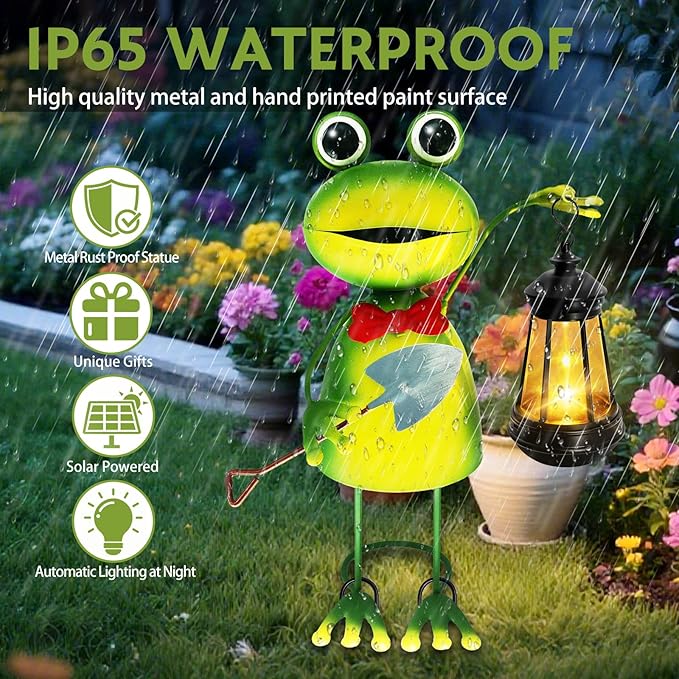 Solar Garden Lights Frog Statue,13.78in Tall Frog with Lantern Waterproof, Birthday Gifts for Women Mom Grandma, Big Metal Frog Stakes Decorative for Home Front Patio Balcony Yard Art Lawn