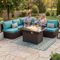 NICESOUL 6 Piece L-Shaped Patio Furniture Set with Fire Pit Table Natural Gas/Propane, 29.3'' High-Back Deep Wide Seat Outdoor Conversations, XL Big Fireplace Couches, Brown Rattan and Teal Cushion