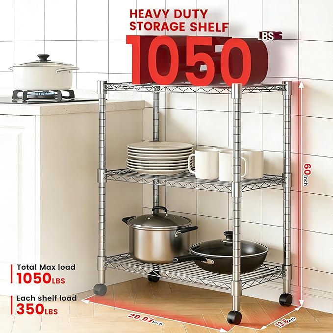 Xcity Storage Shelves, 3 Tier Heavy Duty Metal Shelving Unit with Wheels, 1050 LBS Capacity Adjustable Steel Wire Shelf Organizer for Pantry, Kitchen, Garage, 14" D x 24" W x 30" H, Chrome