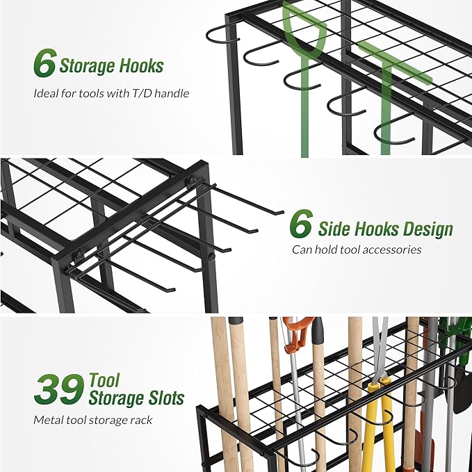 Garden Tool Organizer Rack Up to 39 Tools, Heavy-Duty Steel Yard Tool Organizer for Garage Storage with 12 Hooks, Broom Holder & Garden Tool Rack for Shed, Patio, Outdoor Storage, Black