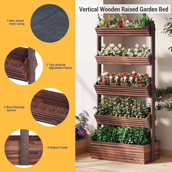 Vertical Wooden Raised Garden Bed Planters Wood Planter Kit Plant Stand Flower Rack Planter Box Gardening Plants Herbs Flowers Vegetables Outdoor Indoor Freestanding (Carbonized 5-Tier)