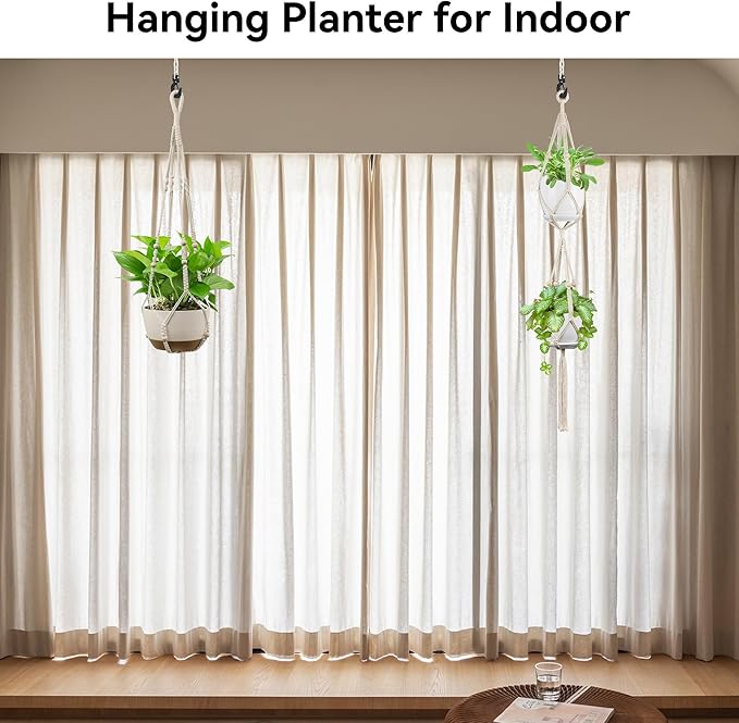 USLAI Macrame Plant Hanger Indoor Outdoor, Fits 4 to 15 Inch Pots, Strong Hanging Planter Holder, Boho Home Decor, 49+35 Inch, Ivory (POTS NOT Included)