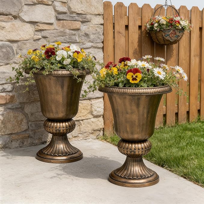 Athena Collection 20''H Bronze Garden Plastic Urn - Vintage Tall Large Planter for Indoor Outdoor Patio Porch, 2 Pieces Flower Pot, Bronze