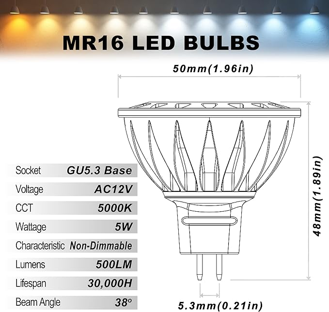 ALIDE 5W MR16 5000K Daylight White Led Bulbs GU5.3, MR16 20W 50 Watt Halogen Replacement, 12V Low Voltage Light Bulb for Accent Outdoor Landscape Track Lighting,Not Dimmable,500lm,38 Deg,6 Pack