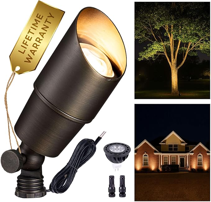 Gardenreet Landscape Spotlights Low Voltage - Brass Outdoor Uplight LED 12V, Wired Spot Lights IP65 Waterproof, Antique Bronze for Exterior Garden Yard Tree House with 5W 2700K Warm White MR16 Bulb