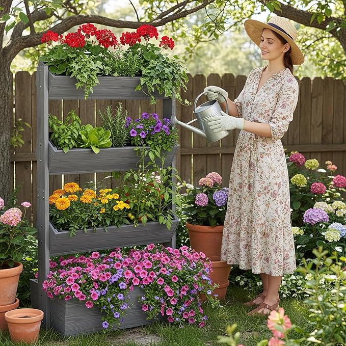 DoCred Vertical Wooden Raised Garden Bed, 4 Tier Upgraded Garden Planters Freestanding Wood Plant Stand Flower Rack Wooden Planter Box for Plants Herbs Flowers Vegetables Outdoor Indoor