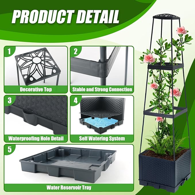 2 Packs Raised Garden Bed Tomato Planter Box with Trellis,44.8" Self-Watering Tomato Cage with Trapezoidal Trellis for Climbing Plants Flowers Vegetables Vine in Patio Garden Indoor Outdoor