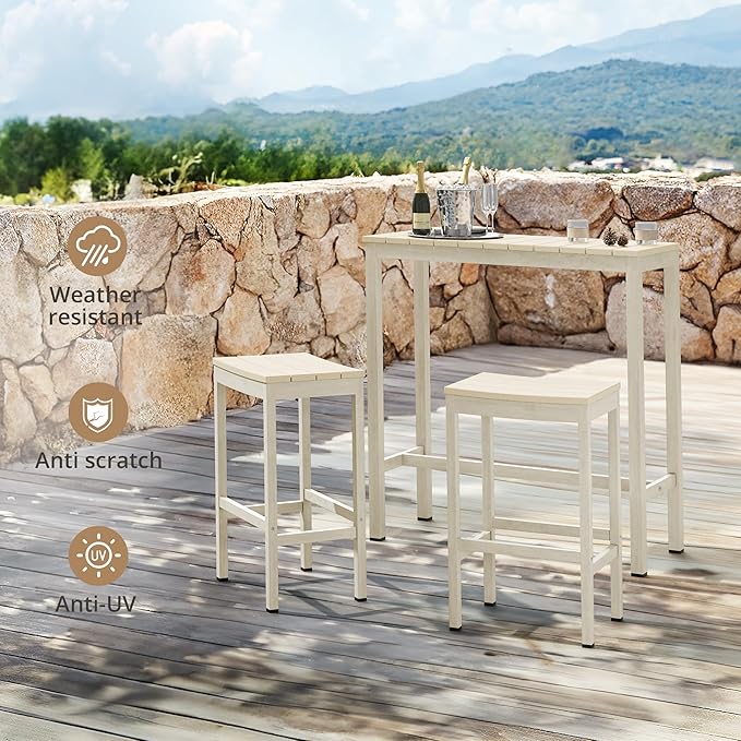 Outdoor Bar Table, 38" Patio Bar Height Counter Console Table, Waterproof HDPS Slatted Top, Weather Resistant, Hot Tub, Balcony, Yard, Indoor or Outdoor Use, Sand