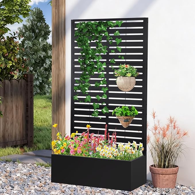 Metal Raised Garden Bed with Trellis,Planter Box for Climbing Plants, Vegetables & Vines, Features Drainage Holes and Privacy Screen.raised garden beds outdoor planters for porch (White, 71"x35"x16")