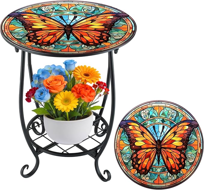 Outdoor Side Table Round Small Mosaic Patio Accent Indoor End Plant Coffee Tea Table for Yard Patio Porch Garden Living Room, Bedroom(Butterfly B Style,12 Inch)