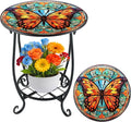 Outdoor Side Table Round Small Mosaic Patio Accent Indoor End Plant Coffee Tea Table for Yard Patio Porch Garden Living Room, Bedroom(Butterfly B Style,12 Inch)