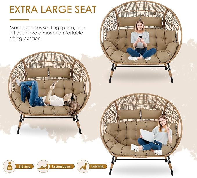 NICESOUL® Double Egg Chair Indoor Outdoor Stationary Oversized 6.5" Thick Padded Cushions,2 Person Wicker Egg Loveseat Chair,680 lbs Extra Wide Lounge Chair for Patio Balcony Porch Brown with Cover