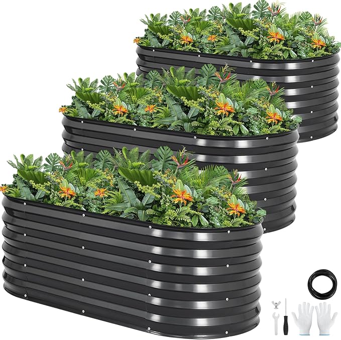 Galvanized Raised Garden Bed Outdoor |17'' Tall Planter Box Outdoor for Deep Root Plants | 3Pcs Raised Bed Kit for Gardening with Rubber Strip for Vegetables Flowers Fruits (Darkgrey, 4x2x1.4FT)