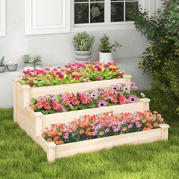 Giantex 3-Tier Raised Garden Bed, Tiered Planter Box w/Open-Ended Base, Fir Wood Elevated Raised Beds for Gardening, Vegetable Flower Herb Fruit, Perfect for Patio, Lawn, Backyard