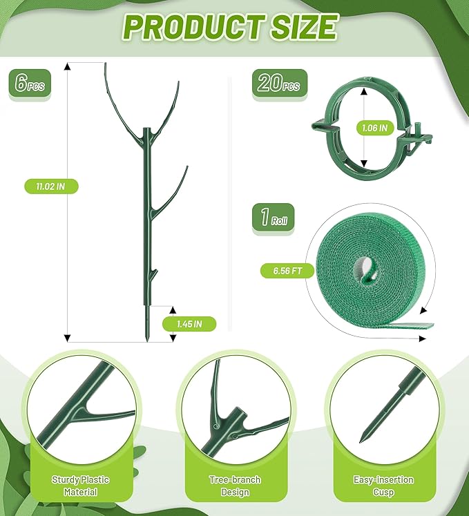 Plant Support Stakes, 6 Pcs Stackable Plant Support Poles with 20 Clips, 1 Roll Tie for Indoor Outdoor Monstera Climbing Plants, Green
