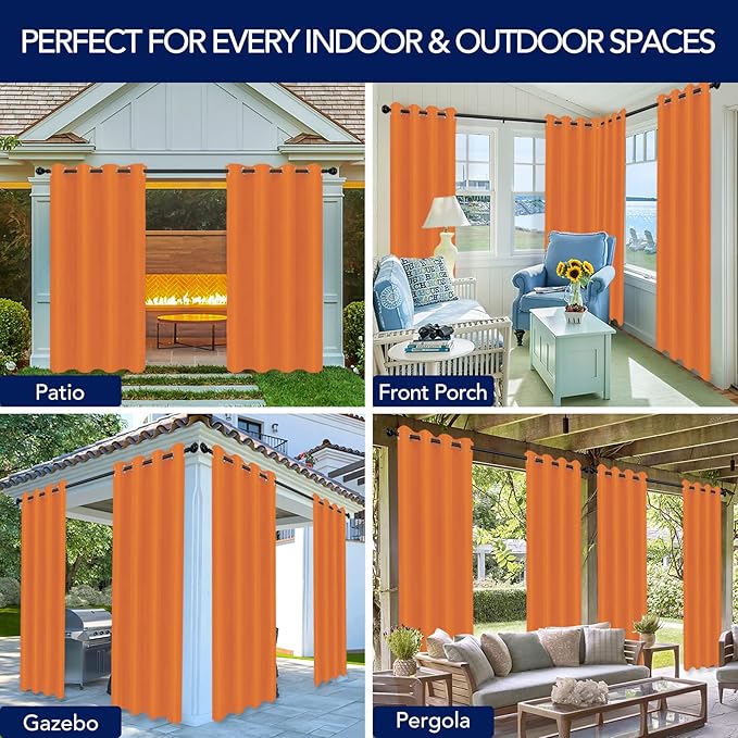 PureFit Outdoor Curtains for Patio Waterproof Weatherproof, UV Resistant Outside Curtains for Gazebo, Front Porch, Pergola, Sun Blocking Privacy Curtain, 52W x 95L inch, 1 Panel, Orange