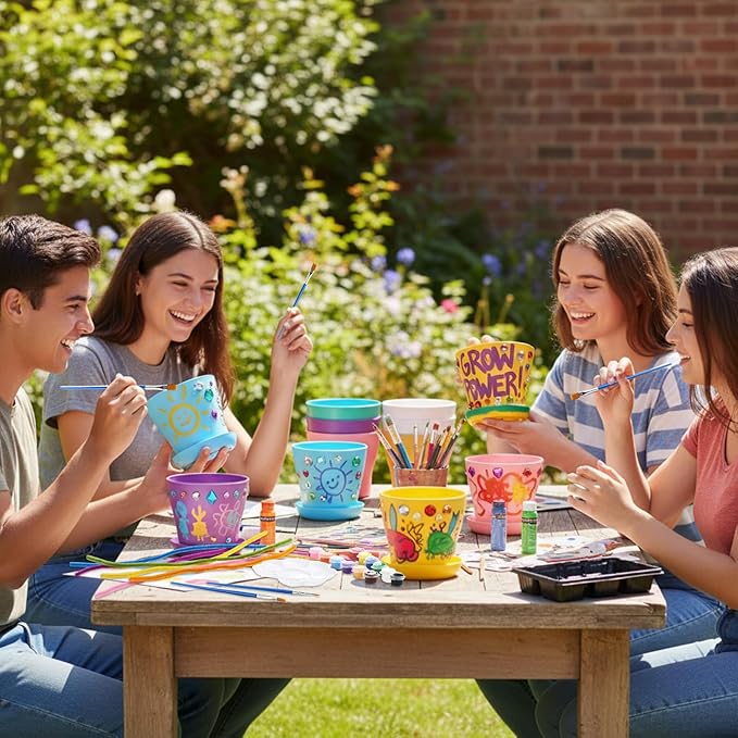 24 Set Garden Plastic Paintable Flower Pot Craft Kit 4" Starter Pots DIY Painting Party Supplies with Acrylic Paint Strips Gardening Kit for Planting Crafts Birthday Easter Spring Gift