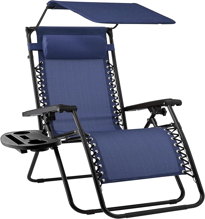 Best Choice Products Folding Zero Gravity Outdoor Recliner Patio Lounge Chair w/Adjustable Canopy Shade, Headrest, Side Accessory Tray, Textilene Mesh - Navy Blue