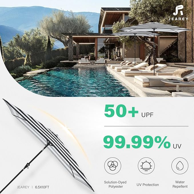 JEAREY 6.5x10 ft Rectangular Patio Umbrellas Rectangle Outdoor Umbrella with Push Button Tilt and Crank, Market Table Umbrella 6 Sturdy Ribs UV Protection for Poolside Garden Backyard Deck, Black-White Stripe