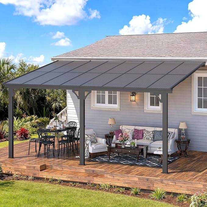 AECOJOY 10' x 16' Adjustable Height Outdoor Lean to Gazebo Pergola for Patio, Large Wall-Mounted 6.5-9.8 Ft Hard Top Metal Heavy Duty Metal Awnings Shelter Pergolas and Gazebos Clearance with Roof