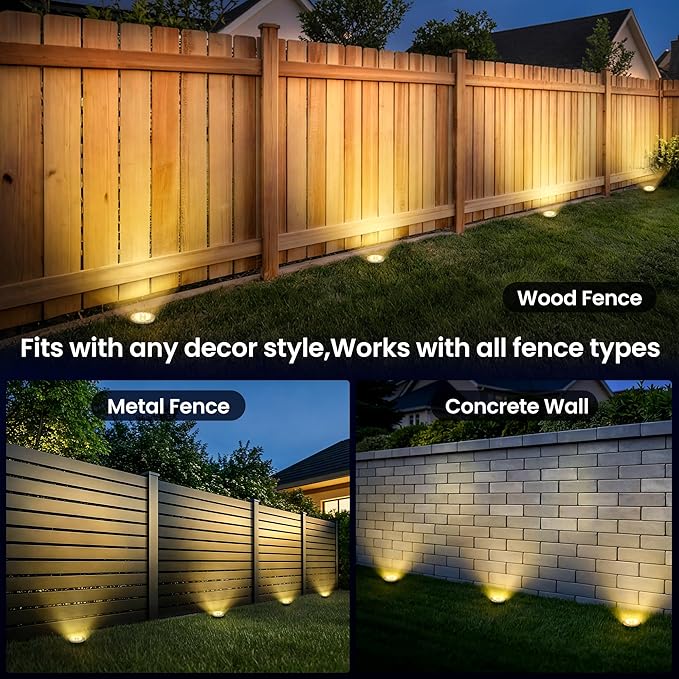 GIGALUMI Solar Ground Lights - No-Drill Fence Lighting Solution, Waterproof Perimeter Lights Compatible with Wood, Metal & Concrete Fences (16 Pack Warm White)