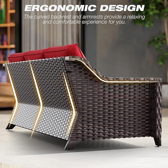 Joyside Patio Furniture Set, 3 Pieces Outdoor Wicker High Back Sofa with Ottoman and Comfy Cushions, Upgraded Large Size, All Weather High Back Conversation Set, (Brown/Red)
